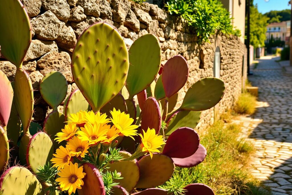 A vibrant, sun-drenched scene of a prickly pear cactus (Fico d'India) in a lush Sicilian landscape. The thick, padded leaves in shades of green and purple stand tall, with the iconic flat pads and sharp spines visible. In the foreground, a cluster of bright yellow flowers bloom amidst the foliage, lending a touch of exotic charm. The background features a rustic stone wall, weathered by time, and a glimpse of a cobblestone street, capturing the essence of a quaint Sicilian village. Warm, golden light filters through, casting soft shadows and lending an inviting, almost dreamlike quality to the scene. The overall atmosphere evokes a sense of adventure and a celebration of the island's unique, vibrant culinary traditions. A vibrant, sun-drenched scene of a prickly pear cactus (Fico d'India) in a lush Sicilian landscape. The thick, padded leaves in shades of green and purple stand tall, with the iconic flat pads and sharp spines visible. In the foreground, a cluster of bright yellow flowers bloom amidst the foliage, lending a touch of exotic charm. The background features a rustic stone wall, weathered by time, and a glimpse of a cobblestone street, capturing the essence of a quaint Sicilian village. Warm, golden light filters through, casting soft shadows and lending an inviting, almost dreamlike quality to the scene. The overall atmosphere evokes a sense of adventure and a celebration of the island's unique, vibrant culinary traditions.