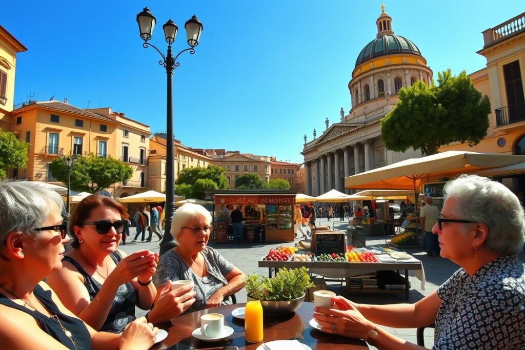 A warm, sun-drenched piazza in a charming Sicilian town. In the foreground, a group of locals sipping espresso and chatting animatedly, their hands gesturing with Mediterranean flair. The middle ground features a lively outdoor market, with vendors selling fresh produce, fragrant spices, and handcrafted wares. In the background, the iconic domed cathedral towers over the scene, its golden facade glowing in the afternoon light. The atmosphere is one of relaxation and joie de vivre, capturing the essence of the Sicilian "dolce vita" - a lifestyle of indulgence, conviviality, and appreciation for the simple pleasures in life.