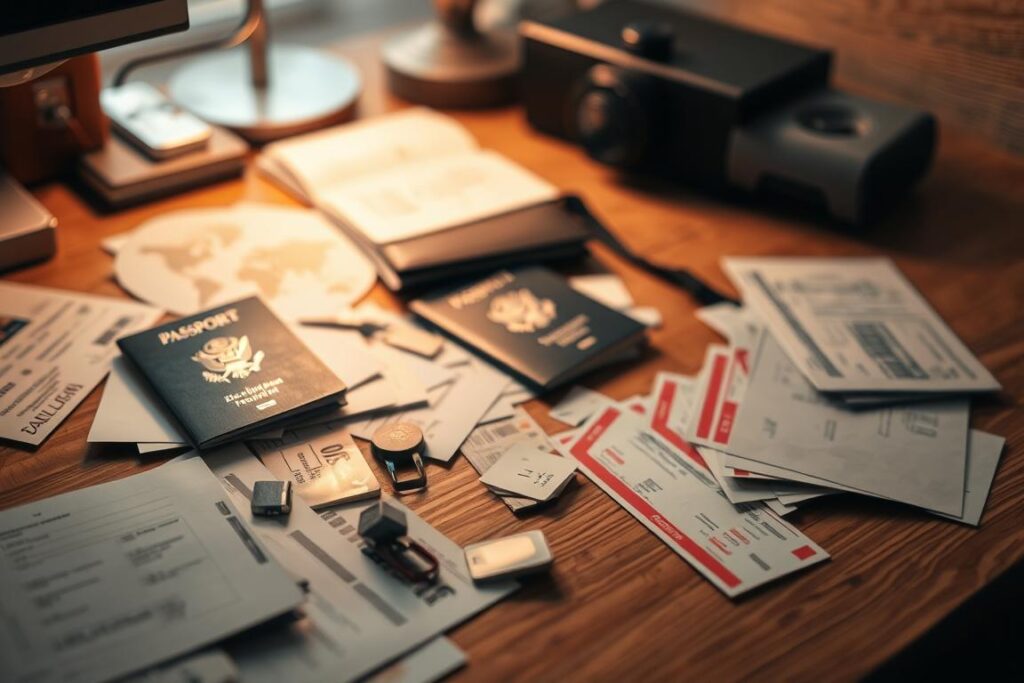 A well-organized desk with scattered travel documents, passport, and airline tickets. The documents are haphazardly strewn across the wooden surface, conveying a sense of disarray and forgetfulness. Soft, warm lighting illuminates the scene, creating a cozy, contemplative atmosphere. The composition focuses on the travel items, with the background blurred to maintain the attention on the problem at hand. The image should evoke a relatable feeling of misplacing important travel documents, setting the stage for the "Schritt-für-Schritt-Anleitung zur Lösung des Problems" section.