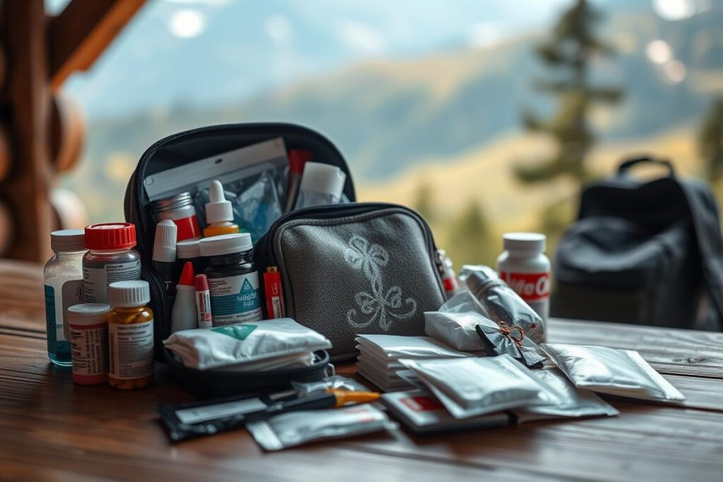 A well-stocked travel medical kit, compactly arranged on a wooden surface. In the foreground, various medications, bandages, and first-aid supplies are neatly organized, conveying a sense of preparedness for unexpected health concerns while traveling. The middle ground features a small, embroidered pouch or bag, hinting at the kit's portability. In the background, a subtle blurred landscape suggests the adventurous context of the journey, perhaps with hints of natural scenery or a cozy cabin. The lighting is soft and natural, creating a calming, reassuring atmosphere that inspires confidence in one's ability to maintain good health on the go.