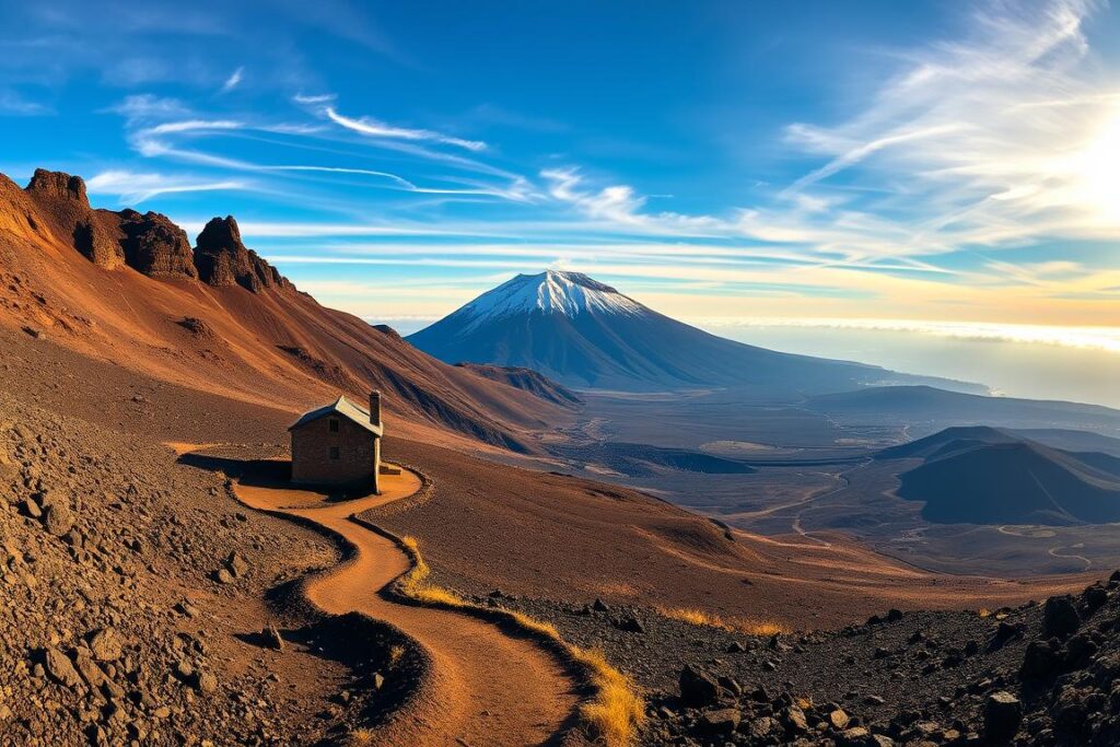 An expansive panorama of the southern slopes of Mount Etna, featuring the Rifugio Sapienza - a rustic mountain lodge nestled amidst a dramatic volcanic landscape. In the foreground, a winding path leads towards the refuge, flanked by rugged lava flows and towering rock formations. The middle ground is dominated by the imposing, snow-capped peak of Etna, its slopes adorned with sparse vegetation and the occasional plume of smoke. The background showcases the vast, azure expanse of the Sicilian sky, with wispy clouds drifting overhead. Warm, golden sunlight bathes the scene, casting long shadows and imbuing the entire composition with a sense of tranquility and wonder.