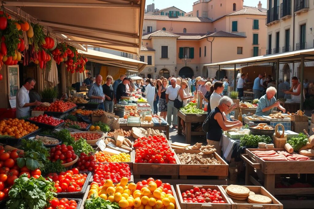 Bustling outdoor market in a Sicilian town, awash in warm Mediterranean light. Vibrant stalls overflowing with fresh local produce - ripe tomatoes, fragrant herbs, colorful fruits. Weathered wooden carts brimming with artisanal cheeses, cured meats, and homemade breads. In the background, historic buildings with terracotta roofs and sun-dappled piazzas. Locals gathered around tables, sharing laughter and hearty meals, the aroma of simmering sauces and wood-fired pizzas wafting through the air. A scene that captures the essence of sustainable, community-driven Sicilian cuisine. Bustling outdoor market in a Sicilian town, awash in warm Mediterranean light. Vibrant stalls overflowing with fresh local produce - ripe tomatoes, fragrant herbs, colorful fruits. Weathered wooden carts brimming with artisanal cheeses, cured meats, and homemade breads. In the background, historic buildings with terracotta roofs and sun-dappled piazzas. Locals gathered around tables, sharing laughter and hearty meals, the aroma of simmering sauces and wood-fired pizzas wafting through the air. A scene that captures the essence of sustainable, community-driven Sicilian cuisine.