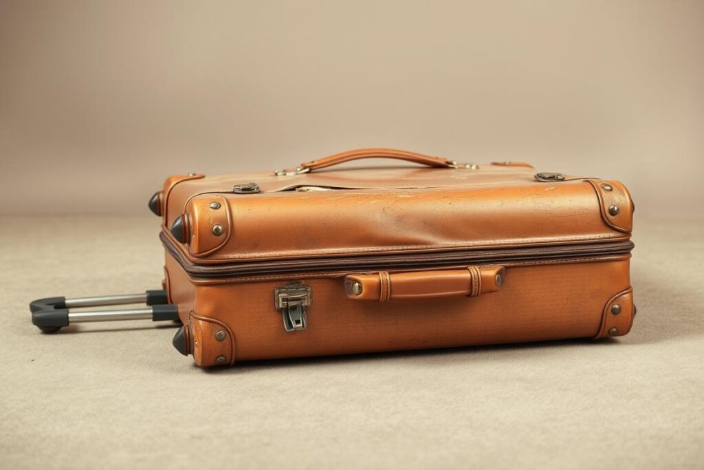 Damaged travel luggage - a battered suitcase lies on the floor, its once-pristine exterior now marred by scuffs and tears. Dented corners and a broken handle hint at the rough handling it has endured during its journey. The soft, muted lighting casts an air of melancholy, as if the bag itself reflects the weary frustration of its owner. In the background, a plain, uncluttered backdrop allows the damaged luggage to take center stage, serving as a visual representation of the hassle and inconvenience that can arise when a traveler's belongings are mishandled. The overall scene evokes a sense of the practical challenges one might face when dealing with a damaged piece of luggage, setting the stage for the informative article on how to properly file a damage claim.