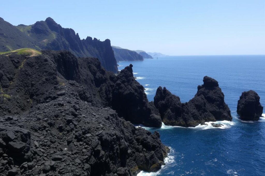 Ein Bild der Riviera dei Ciclopi, einer Küstenregion mit schwarzen Vulkanfelsen, die aus dem tiefblauen Meer ragen.