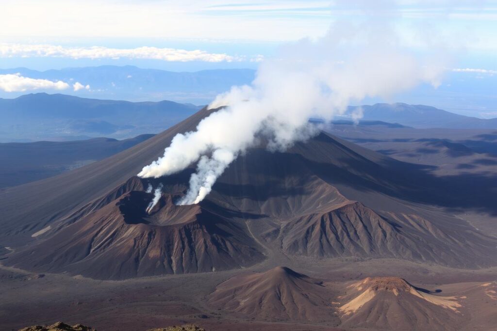 Ein Bild des Ätna mit seinen rauchenden Kratern und der umliegenden Landschaft