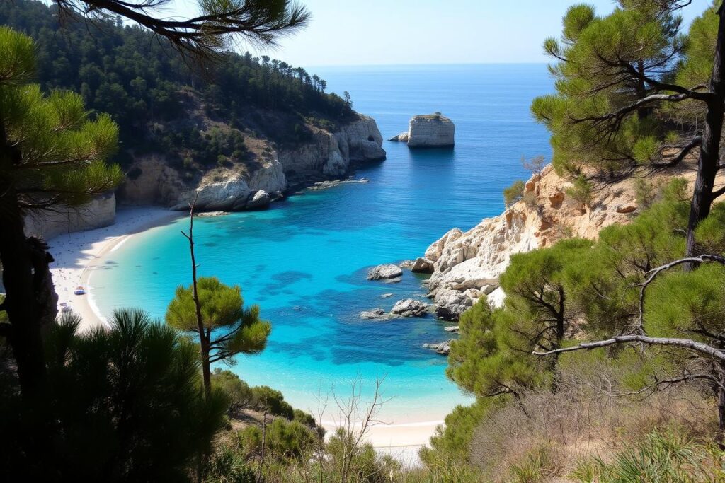 Ein Bild des Naturstrands in Eraclea Minoa, umgeben von Pinienhain und Klippen