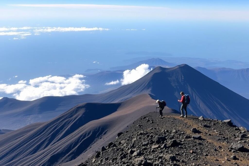 Ein Bild vom Ätna mit Wanderern auf dem Gipfel
