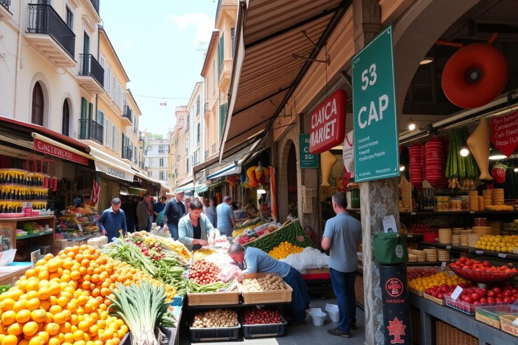 Ein Bild vom Capo Markt in Palermo, das die lebhafte Atmosphäre und die Vielfalt der angebotenen Produkte zeigt. Ein Bild vom Capo Markt in Palermo, das die lebhafte Atmosphäre und die Vielfalt der angebotenen Produkte zeigt.