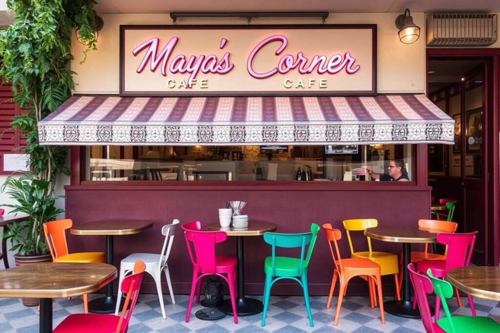 Ein Bild vom Maya's Corner Café in Istanbul mit farbenfrohen Stühlen und einer lebendigen Atmosphäre. Ein Bild vom Maya's Corner Café in Istanbul mit farbenfrohen Stühlen und einer lebendigen Atmosphäre.