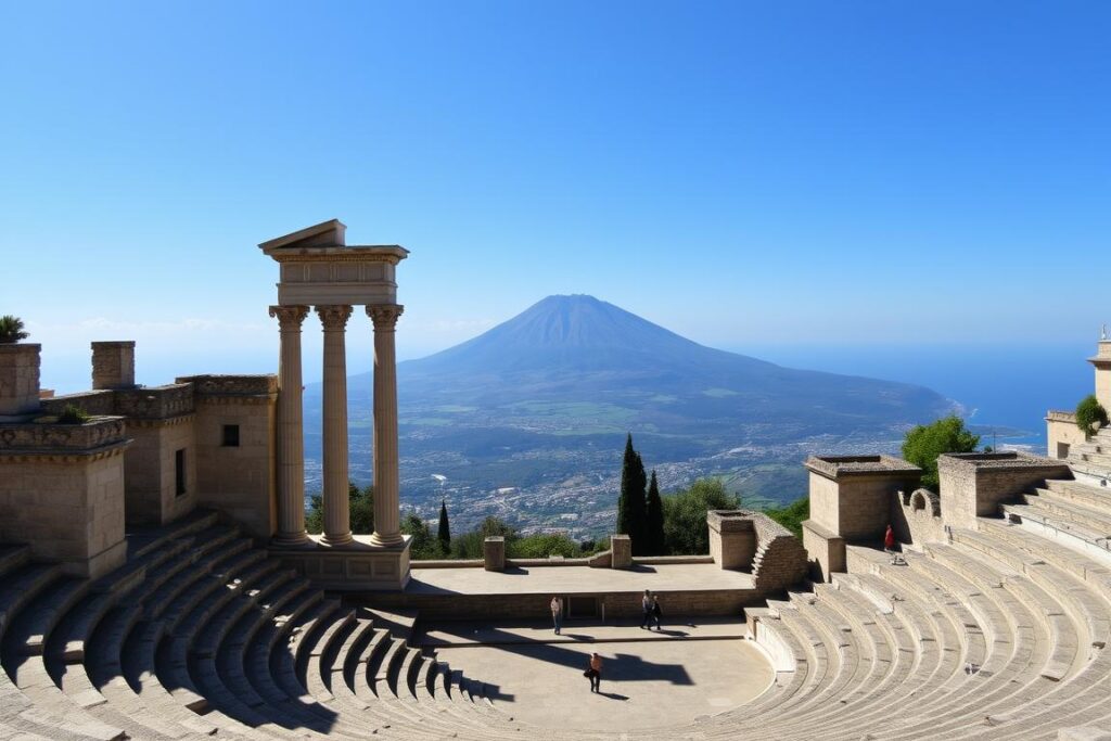Ein Bild vom Teatro Greco in Taormina mit Blick auf den Ätna