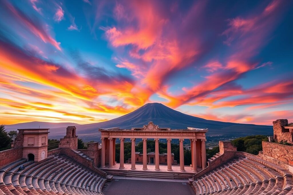 Ein Bild vom Teatro Greco mit Ätna im Hintergrund