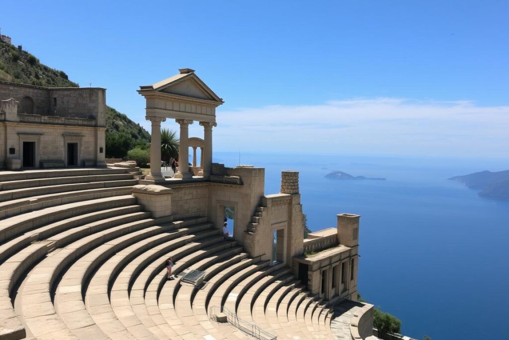 Ein Bild vom antiken Theater in Taormina mit Blick auf das Meer