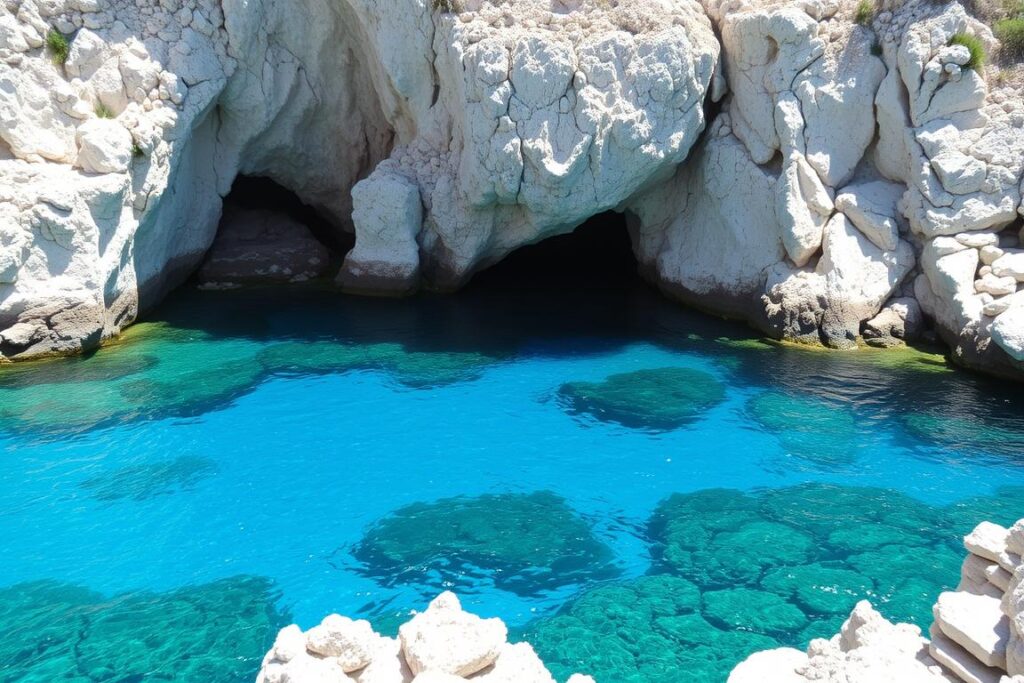 Ein Bild von Cala Rossa auf Favignana mit türkisblauem Wasser und umliegenden Felsen.