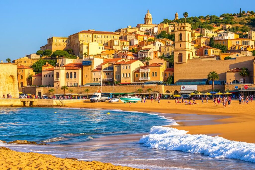 Ein Bild von Cefalù mit seinem goldenen Sandstrand und der Altstadt im Hintergrund