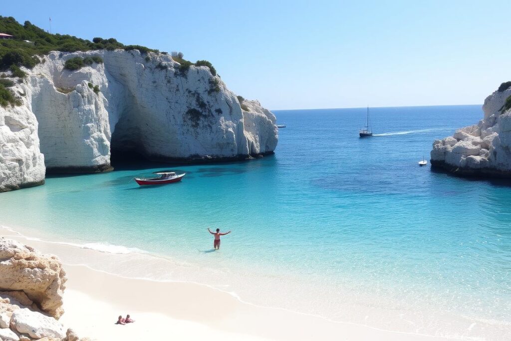Ein Bild von Fontane Bianche mit weißem Sand und türkisblauem Wasser