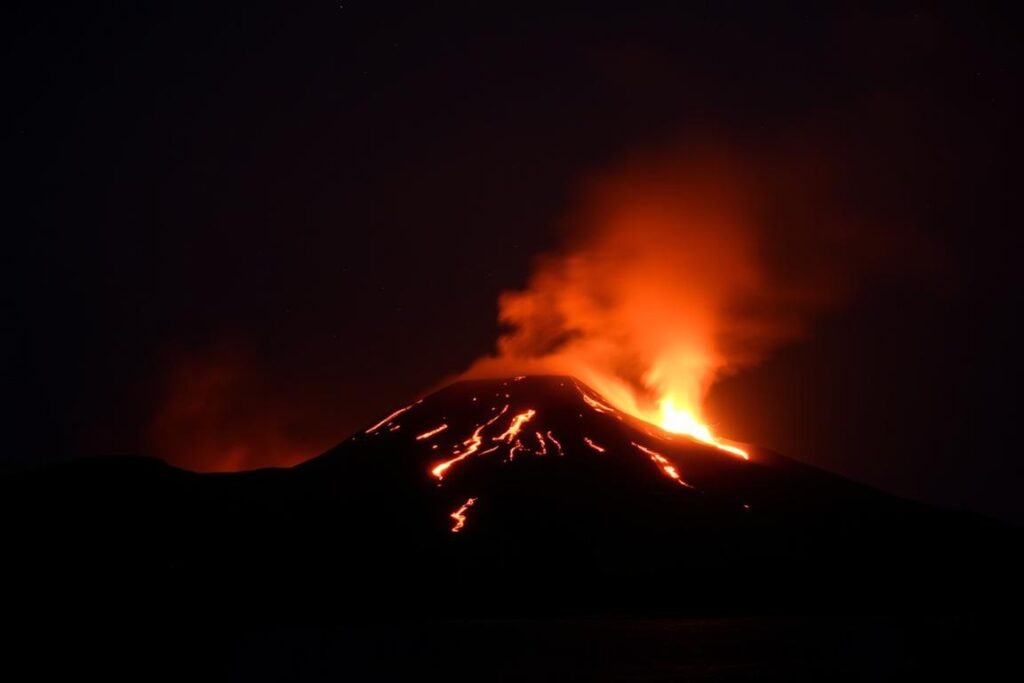 Ein Bild von Stromboli bei Nacht, wenn der Vulkan aktiv ist.