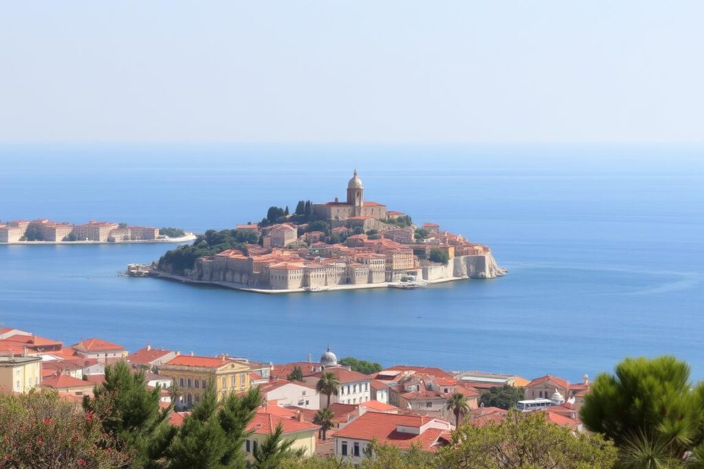 Ein Bild von Syrakus mit der Altstadt Ortygia und dem Meer im Hintergrund.