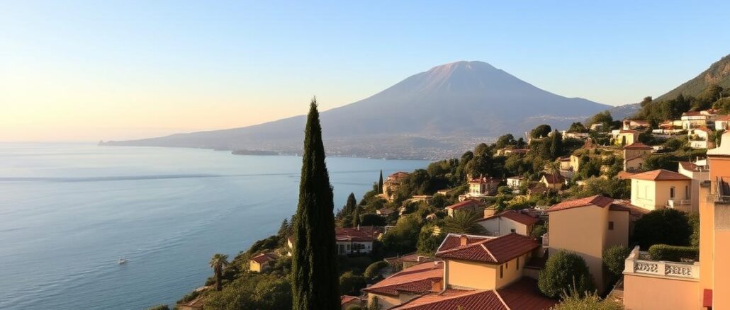 Ein Bild von Taormina mit Blick auf das Meer und den Ätna