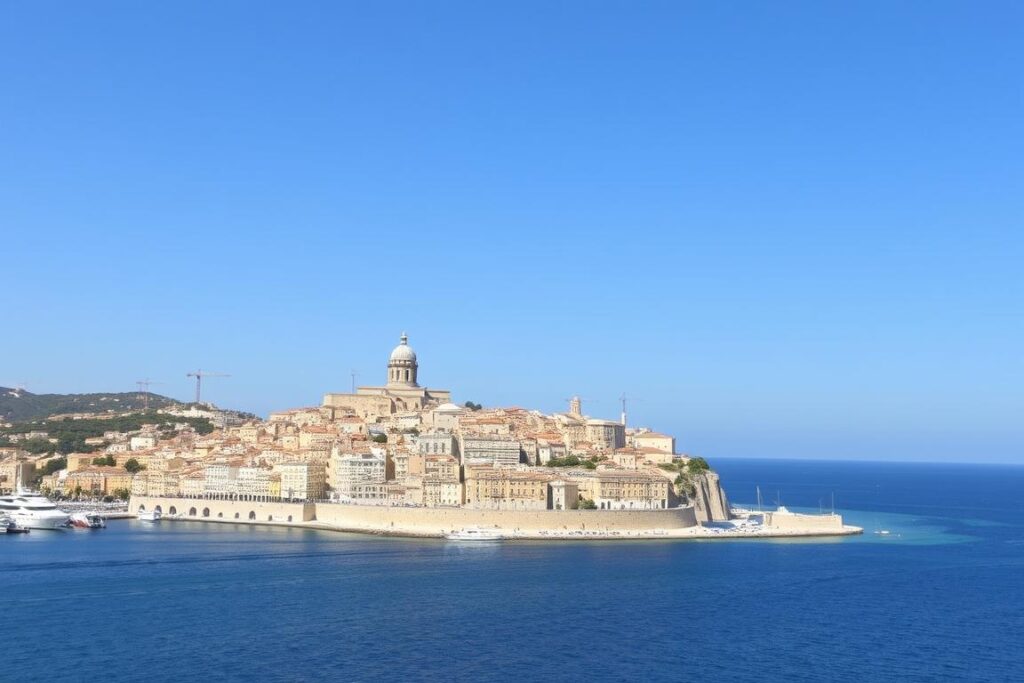 Ein Bild von Trapani, das die sichelförmige Altstadt auf einer Landzunge zwischen zwei Meeren zeigt.