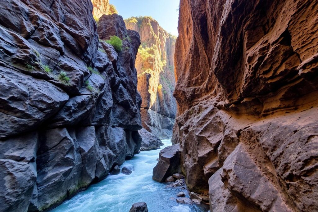 Ein Bild von der Alcantara-Schlucht mit Basaltwänden und Fluss