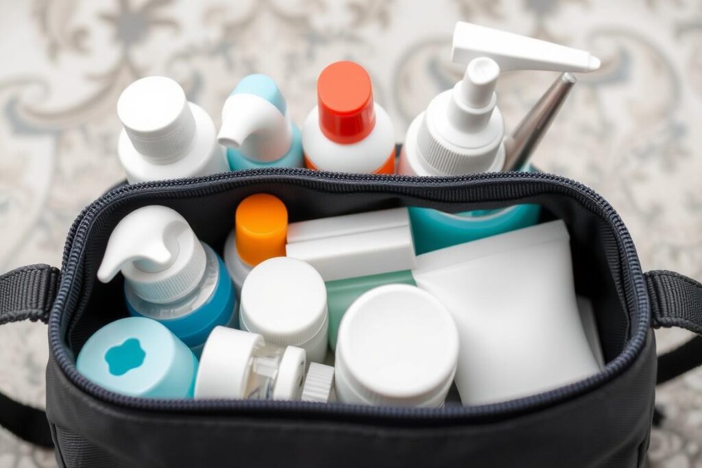 Ein Bild von einem Kulturbeutel mit Hygieneartikeln Ein Bild von einem Kulturbeutel mit Hygieneartikeln