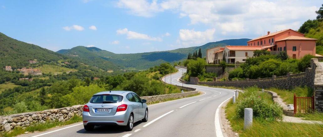 Ein Bild von einem Mietwagen auf einer sizilianischen Straße