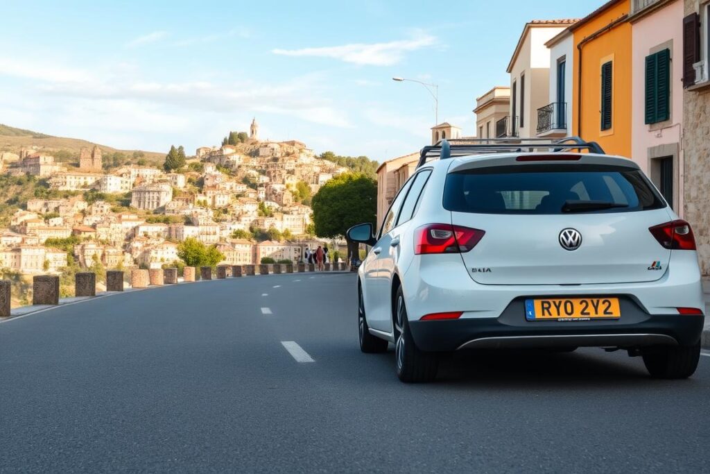 Ein Bild von einem Mietwagen auf einer sizilianischen Straße