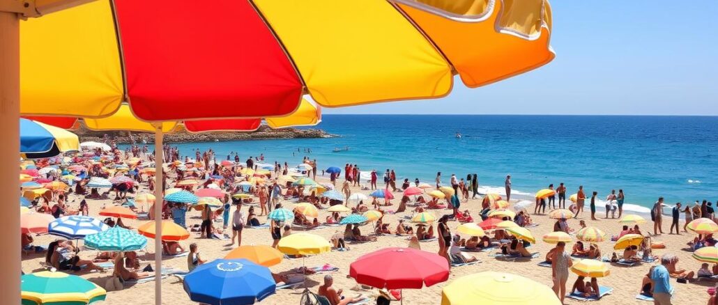 Ein Bild von einem überfüllten Strand auf Sizilien im Sommer