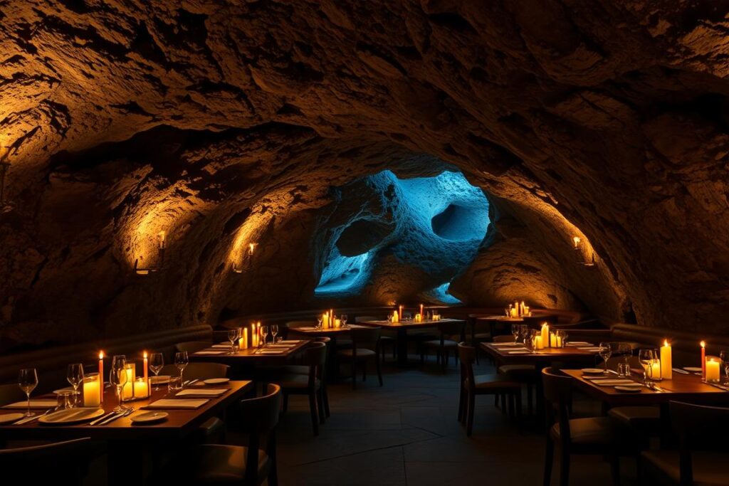 Ein Bild von einem unterirdischen Restaurant mit Lavagestein und Kerzenlicht