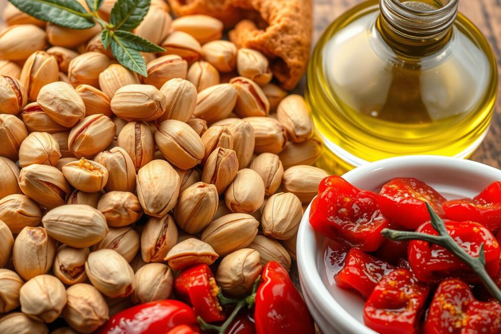 Ein Bild von sizilianischen Köstlichkeiten wie Pistazien, getrockneten Tomaten und Olivenöl Ein Bild von sizilianischen Köstlichkeiten wie Pistazien, getrockneten Tomaten und Olivenöl