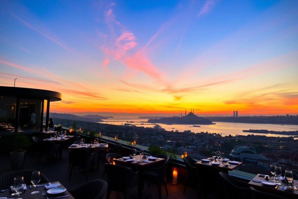 Ein Rooftop-Restaurant in Istanbul mit atemberaubender Aussicht bei Sonnenuntergang Ein Rooftop-Restaurant in Istanbul mit atemberaubender Aussicht bei Sonnenuntergang