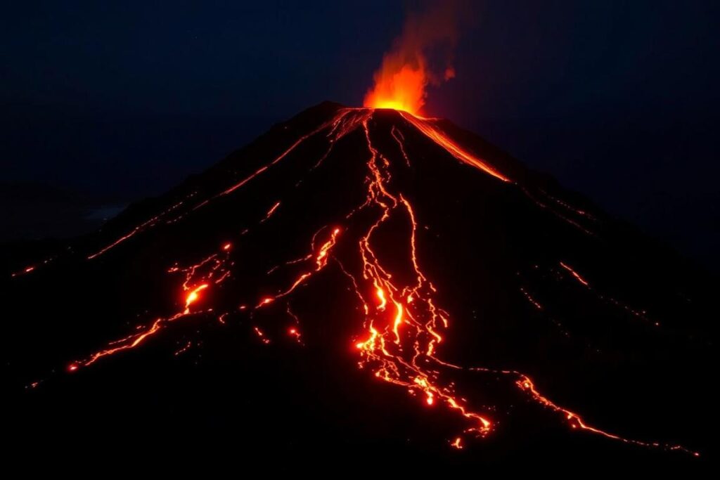 Ein nächtliches Bild von Stromboli mit glühender Lava