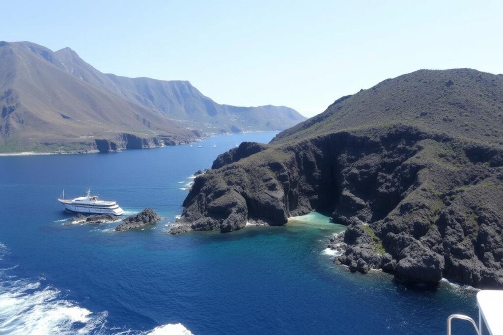 Eine Bootstour durch die Liparischen Inseln, insbesondere Lipari und Vulcano, zeigt die atemberaubende vulkanische Landschaft. Eine Bootstour durch die Liparischen Inseln, insbesondere Lipari und Vulcano, zeigt die atemberaubende vulkanische Landschaft.