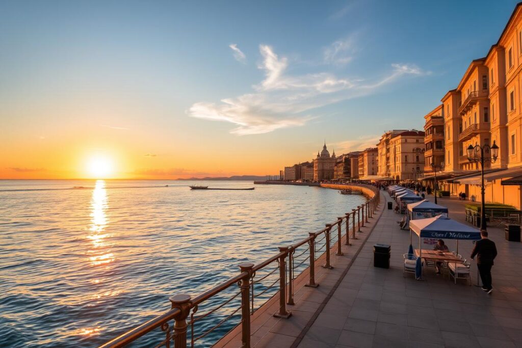 Eine atemberaubende Aufnahme der Uferpromenade von Ortigia im Abendlicht
