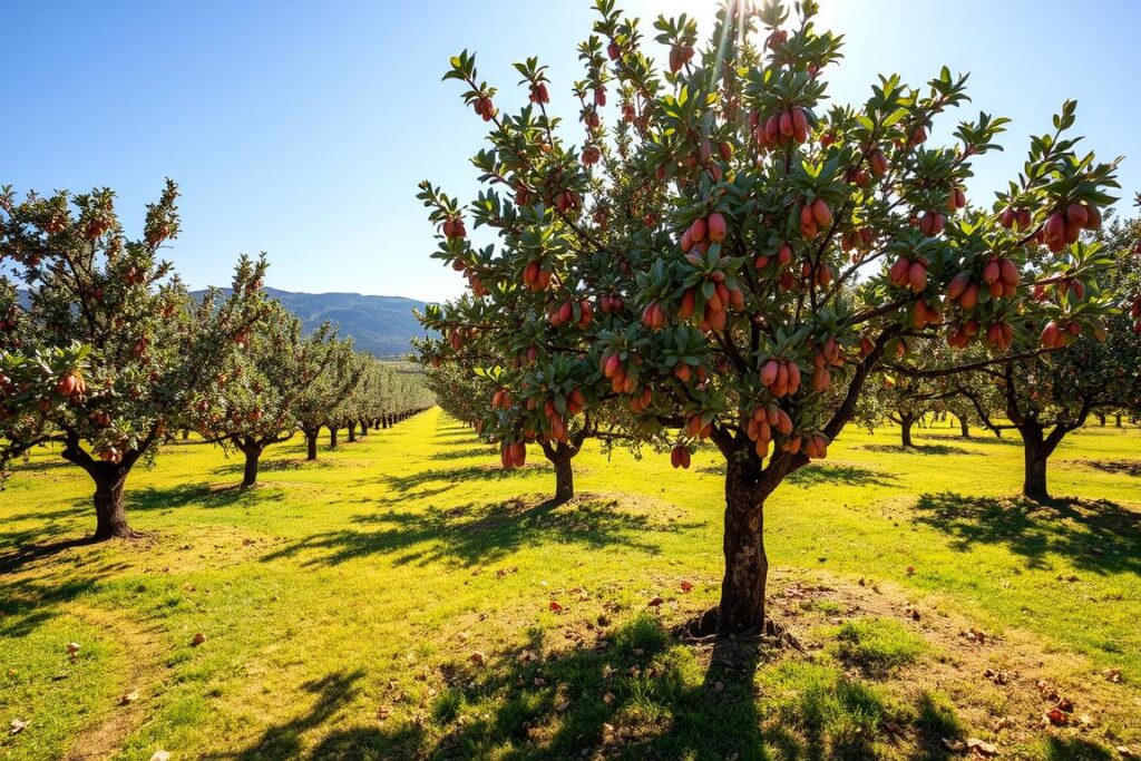 Eine sizilianische Mandelplantage im Sonnenlicht