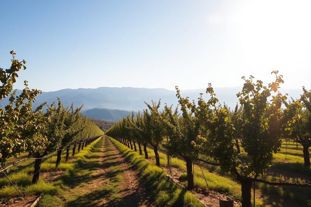 Eine sizilianische Pistazienplantage im Sonnenlicht
