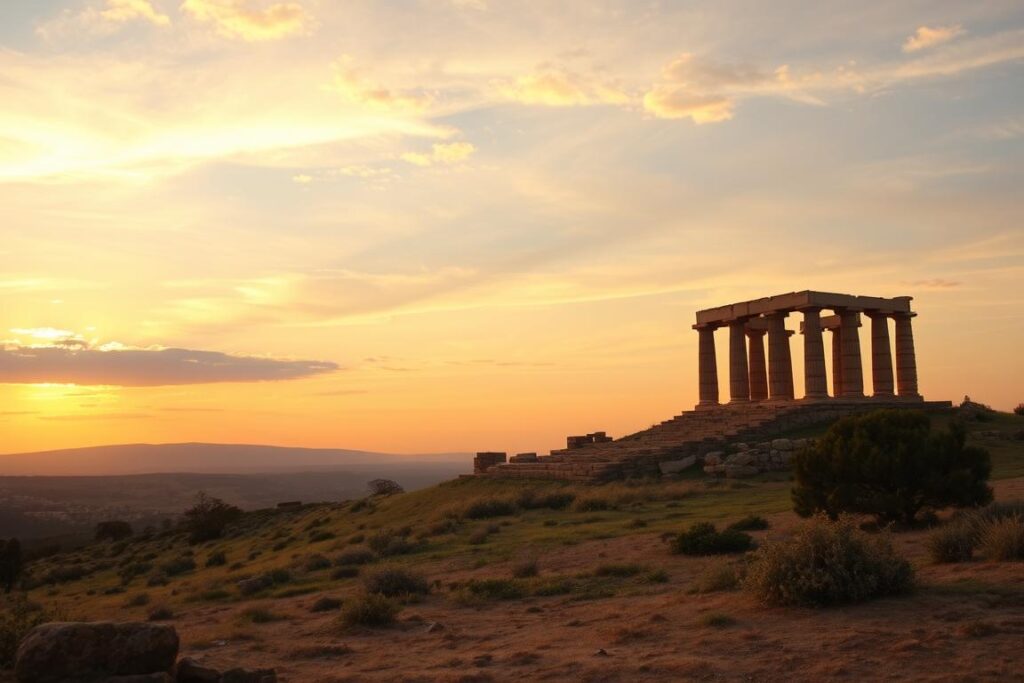 Generiere ein Bild von Agrigents Tal der Tempel bei Sonnenuntergang