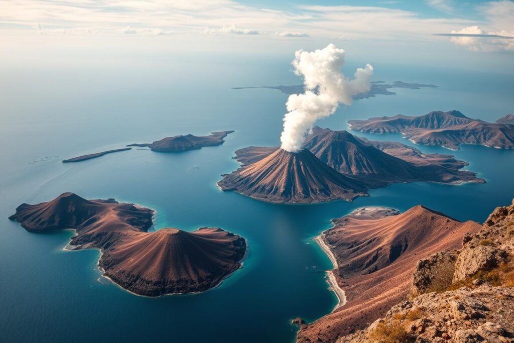 Generiere ein Bild von den Liparischen Inseln mit rauchendem Vulkan Generiere ein Bild von den Liparischen Inseln mit rauchendem Vulkan