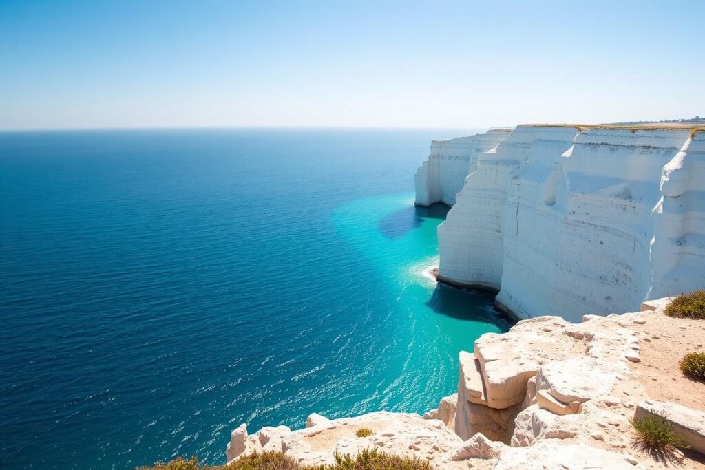 Generiere ein Bild von der Scala dei Turchi mit türkisblauem Meer und weißen Klippen