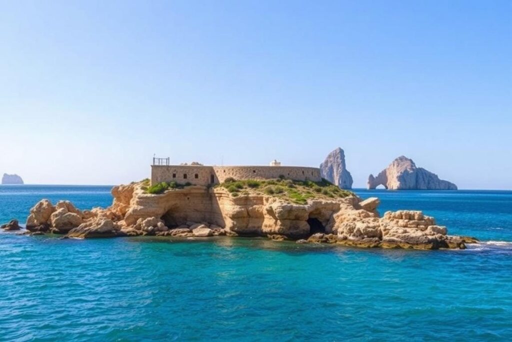 Generiere ein Bild von der Tonnara di Scopello mit den ikonischen Faraglioni-Felsen im Hintergrund