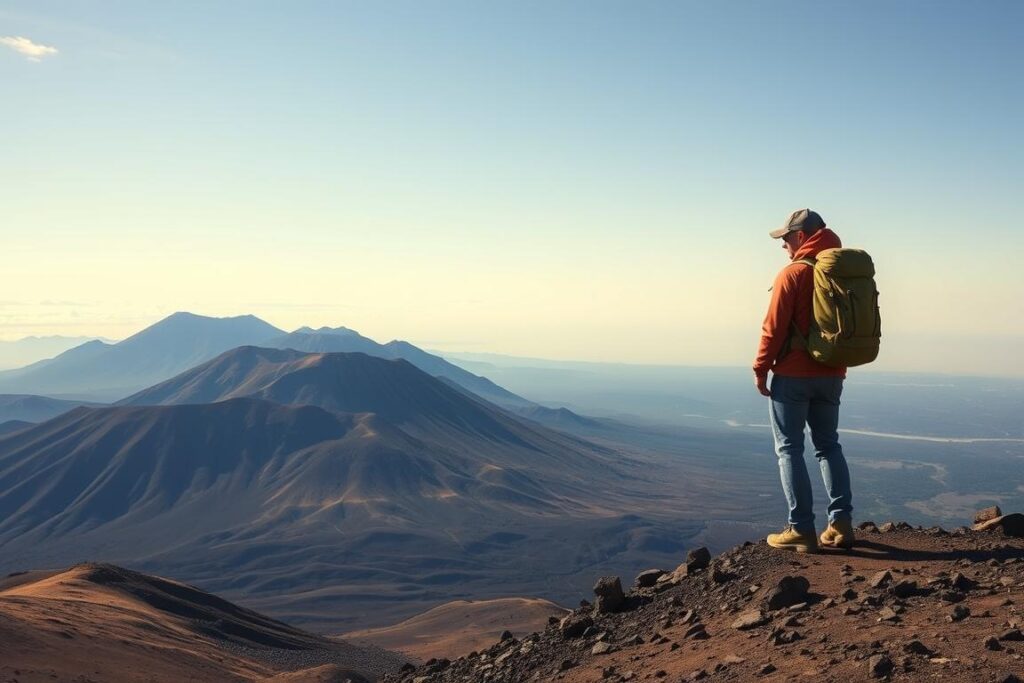 Generiere ein Bild von einem Wanderer auf dem Ätna mit einer atemberaubenden Aussicht. Generiere ein Bild von einem Wanderer auf dem Ätna mit einer atemberaubenden Aussicht.
