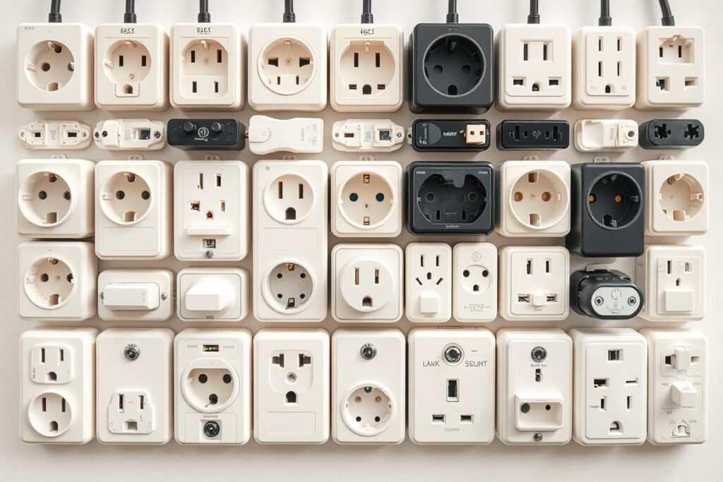 High-quality photograph of different electrical outlet types from around the world, captured from an elevated perspective. The outlets are presented in an orderly grid layout, showcasing the diverse socket shapes and sizes used globally. The scene is well-lit, with a clean, minimal background that allows the electrical plugs to be the primary focus. The image conveys a sense of organization and global connectivity, reflecting the diversity of power standards across different countries and regions.