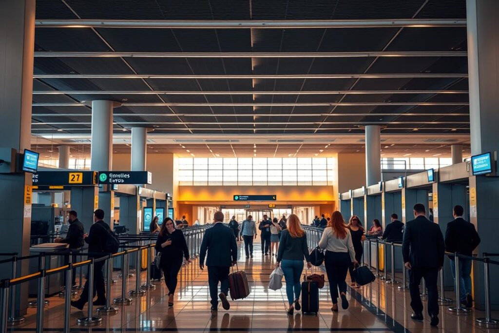 Prompt A serene airport scene with passengers efficiently navigating through security checkpoints. In the foreground, a well-designed queue system with clear signage and friendly staff guiding travelers. In the middle ground, people briskly walking towards their gates, briefcases and luggage in hand. The background features a spacious, well-lit terminal with high ceilings and modern architectural elements. Soft lighting casts a warm, calming glow throughout the environment, conveying a sense of organization and stress-free travel. The overall atmosphere suggests a seamless, time-saving experience for those seeking to reduce waiting times at border controls. Prompt A serene airport scene with passengers efficiently navigating through security checkpoints. In the foreground, a well-designed queue system with clear signage and friendly staff guiding travelers. In the middle ground, people briskly walking towards their gates, briefcases and luggage in hand. The background features a spacious, well-lit terminal with high ceilings and modern architectural elements. Soft lighting casts a warm, calming glow throughout the environment, conveying a sense of organization and stress-free travel. The overall atmosphere suggests a seamless, time-saving experience for those seeking to reduce waiting times at border controls.