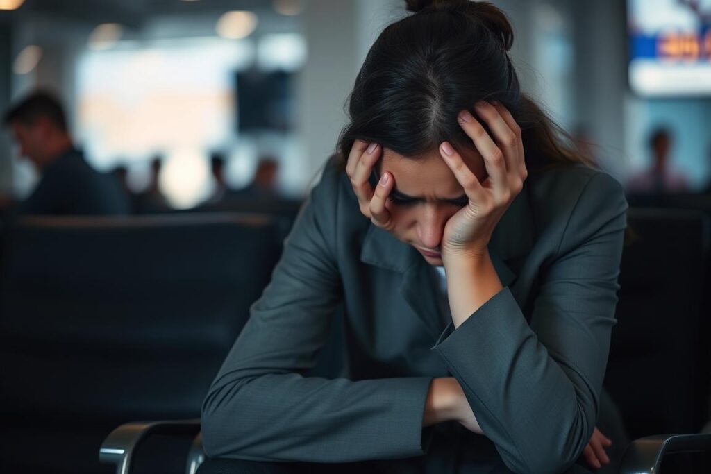 Stressed businesswoman in an airport lounge, feeling anxious and overwhelmed after her flight has been unexpectedly cancelled. She sits hunched over, head in hands, surrounded by an atmosphere of frustration and uncertainty. Dim lighting casts long shadows, heightening the tense and gloomy mood. The background is blurred, drawing the focus to the woman's distressed expression and tense posture. A muted color palette of grays, blues, and browns evokes a sense of discomfort and unease. The scene captures the practical challenges and emotional toll of dealing with a sudden flight cancellation.